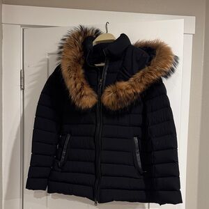 Mackage Black Puffer Jacket with Brown Fur Trim